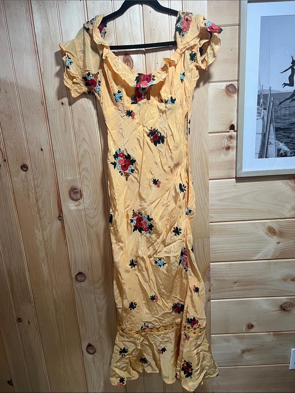 Free People Yellow Floral Maxi Dress with Ruffle Neckline